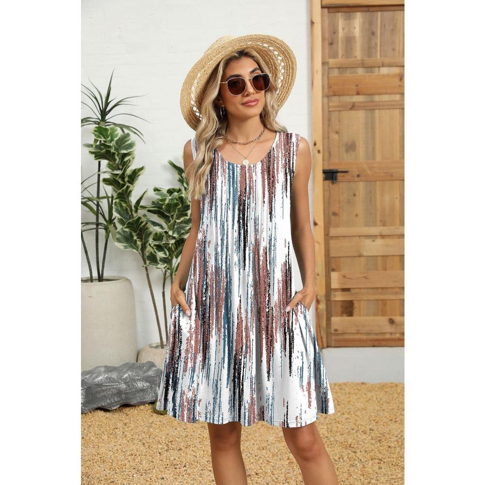 Damen Sommer Neues bedrucktes Tanktop Lockeres Kleid mit Tasche