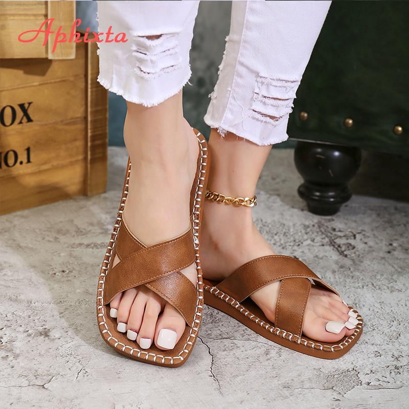 Aphixta Concise Cross Strap Slides TPR Sole Woman Slippers Square Toe Flip Flops Wine Red Flat With Beach Shoes Outside Sandals