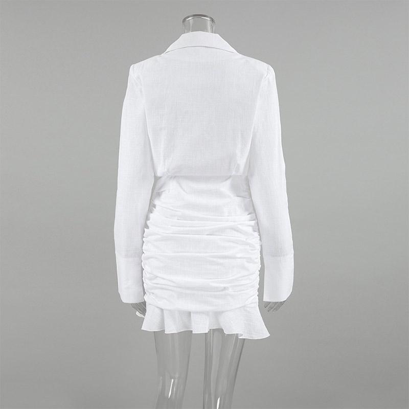Witte Katoen en Linnen Slim Ruffles Rand Jurk Dames Slim Heupomsluitende Jurk Revers Lange Mouwen Mode Lente en Zomer