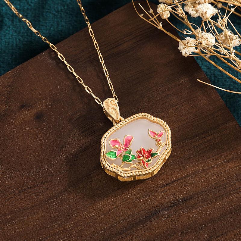 

Jade Crystal Pendant Necklace Charm 18K Gold Plated Chain Flower Dainty Gemstone