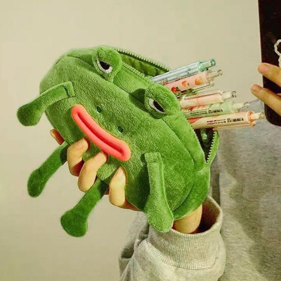 Pencil Bag Frog Wearing Glasses Design Plush Cloth Pencil Pouch Large Zipper Opening Stationery Organizer