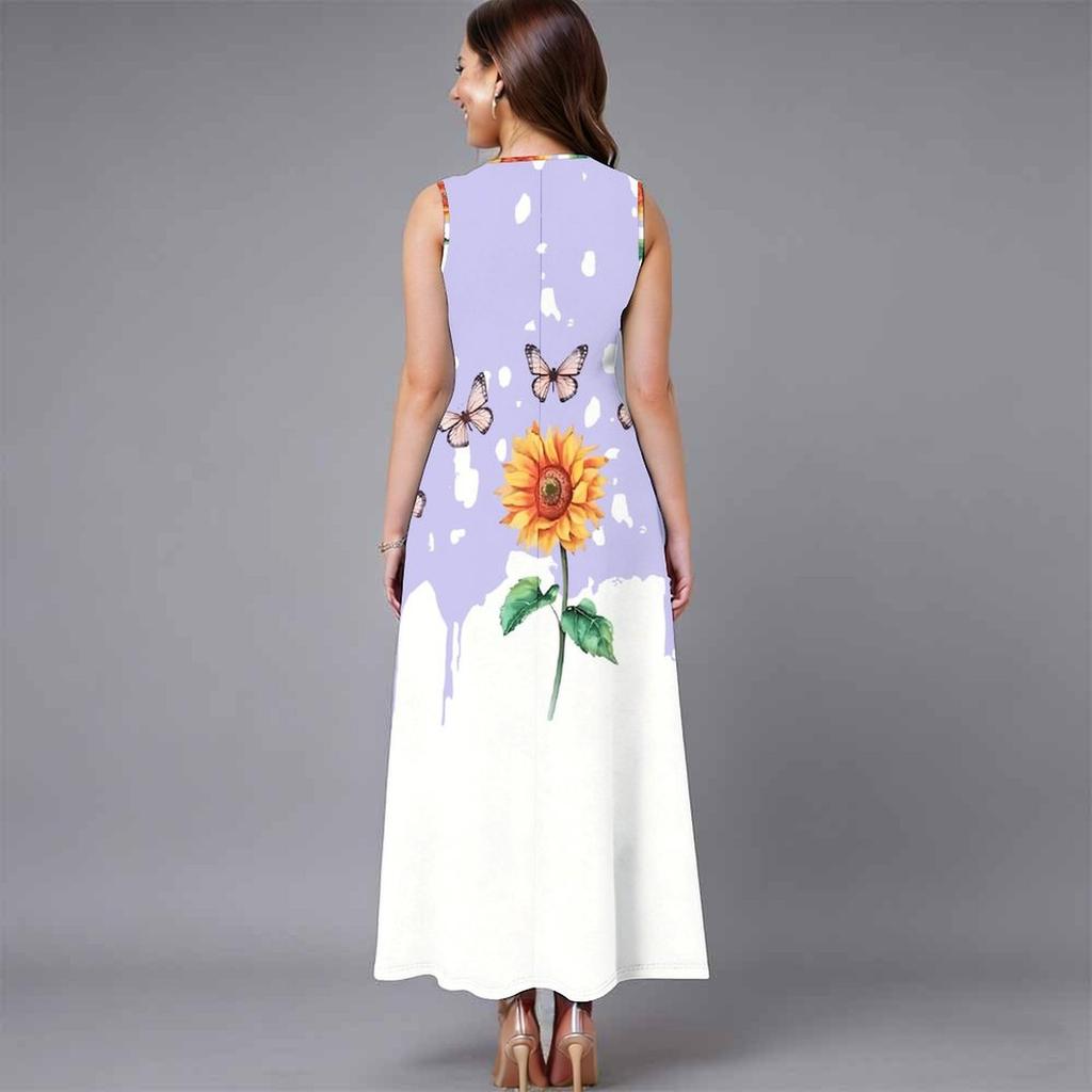 Plus Size Sleeveless Round Neck Dress Retro Tiny Floral Print Flowy Midi Dress