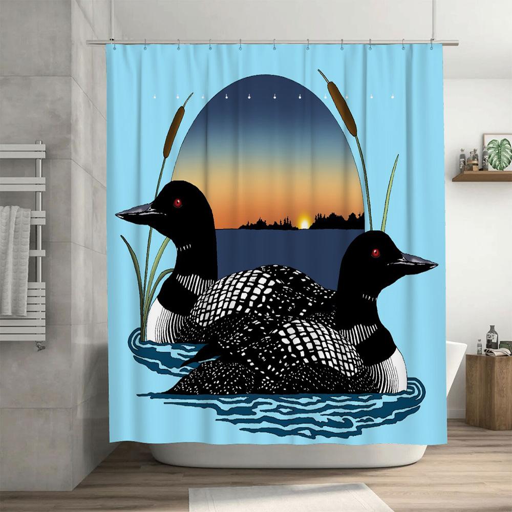 Blue Shower Curtain with Wildlife Print: A Peacock Pair Swimming in Water at Sunset Perfect for Your Bathroom Decor