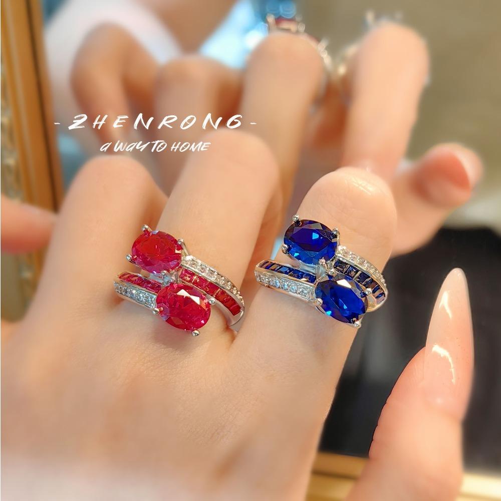 Vintage French Style Open Ring Red Corundum High Carbon Blue Spinel Women Jewelry