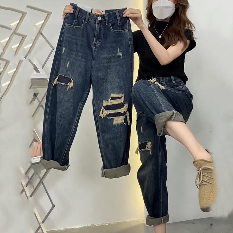 

Джинсы женские летние с высокой посадкой свободные трендовые рваные брюки гаремы M