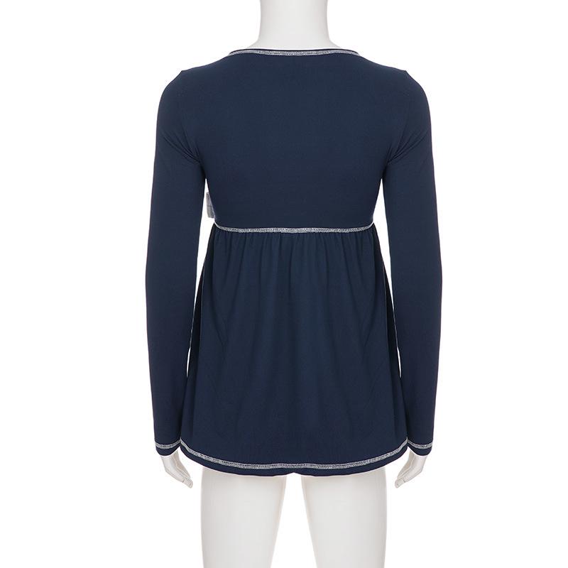 Plaid Bow Tie Lace-up Waist-cinch Babydoll Top - European/American Sweet Style Long-sleeve T-Shirt