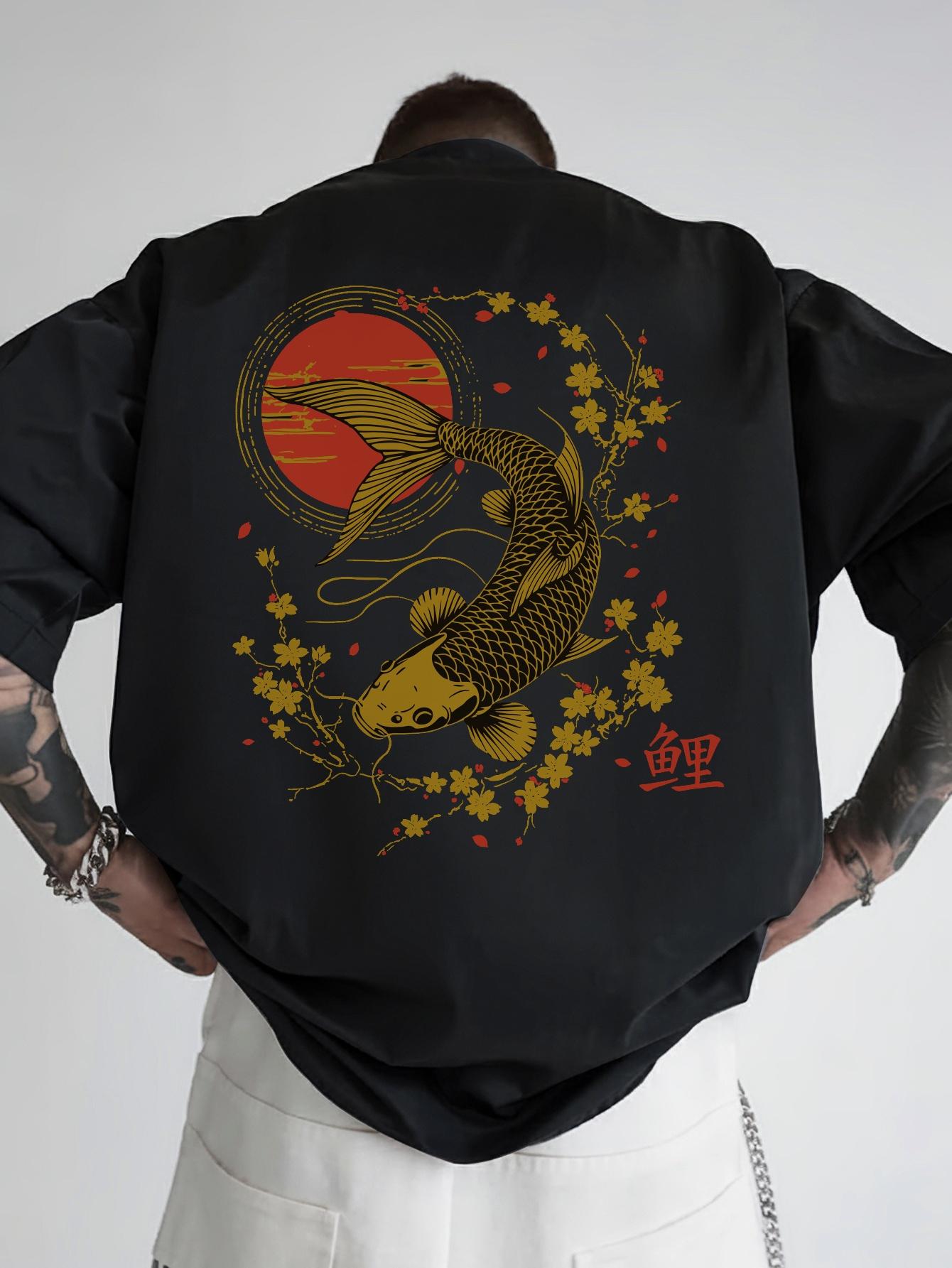 Casual Summer T-shirt with Japanese-Inspired Fish & Cherry Blossom Print - Short Sleeve XXXL