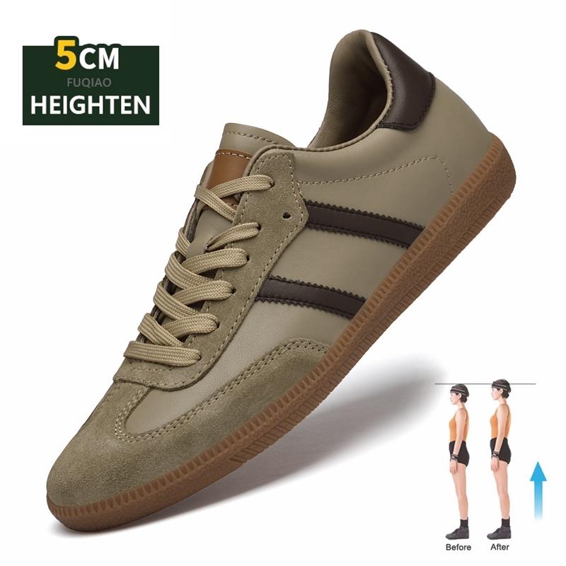 Cow Leather Elevator Sneakers Couple's Casual Shoes with Height Increase Lightweight Anti-Slip Sports Flat&5cm Sheepskin Lining