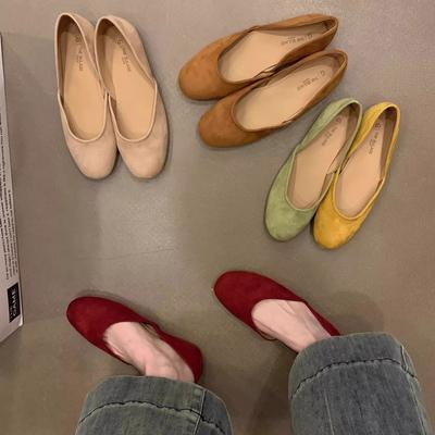 Version coréenne de chaussures plates pour femmes à bout rond et à bouche peu profonde polyvalentes à une pédale en daim, brise douce du soir, pieds non fatigués, ballerines