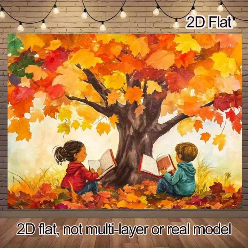 2D Herbst Lese Kinder Hintergrund, Herbstbaum Buch Szene Wandbehang