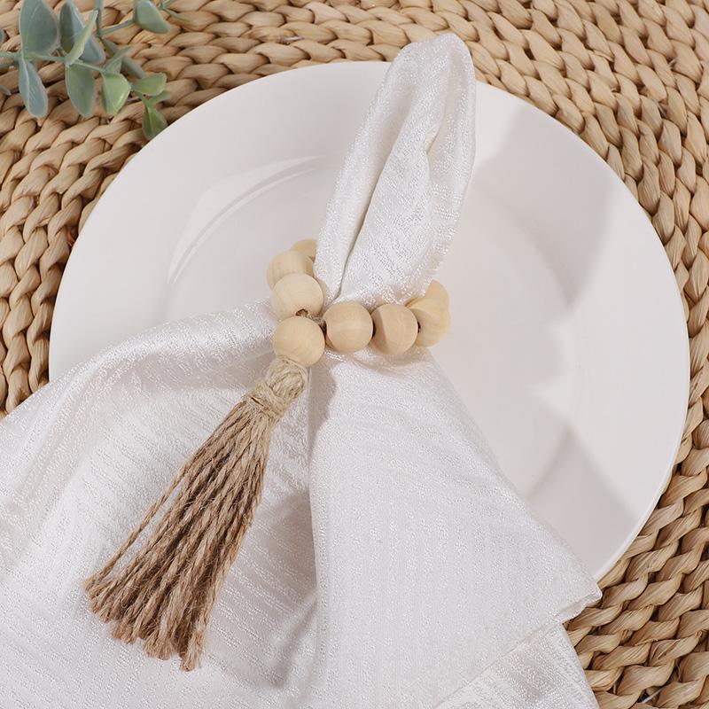 1/12Pcs Wooden Beads Napkin Rings with Tassels Rustic Wedding Table Napkin Holder Buckles Christmas Party Boho Home Decoration
