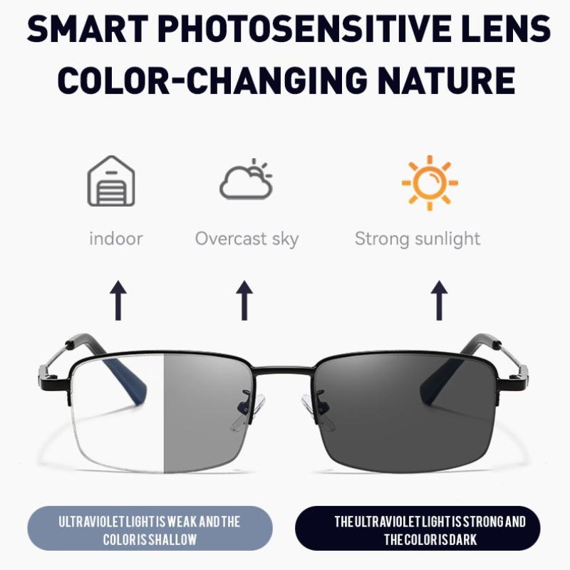 Square Frame Anti Blue Light Far And Near Dual-Use Presbyopia Lenses That Change Colour With The Sun Multifocal Glasses For Men