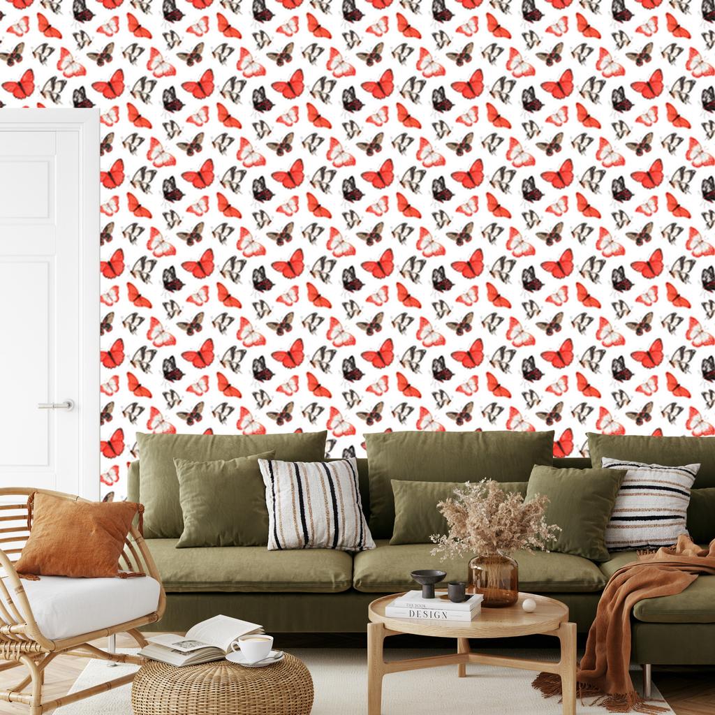 Butterflies Wallpaper White and Coral for Living Room and Bedroom 50x1000