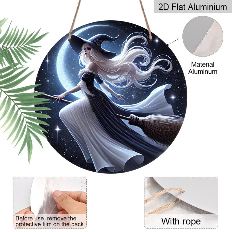 2D Flat 1pc, Printed Round Aluminum Metal Signage - Witch On a Broomstick, 8x8 In, Suitable for Door Decoration, Wall Decoration, Home, Room