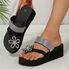 Fashion Brand Designer Glitter Flower Wedge Heels Slippers Silver Glitter Strap Clip Toe Slippers Women 2025 Summer Sexy Beach Sandals