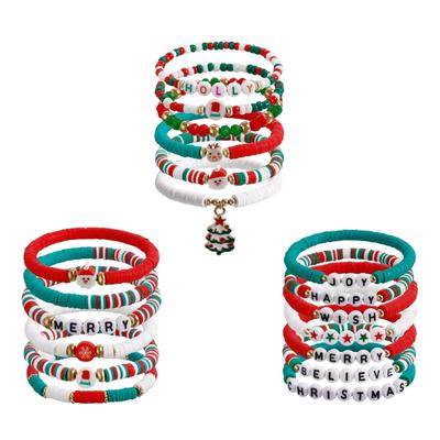 Christmas Beaded Bangle Festive Bohemian Colorful Bracelets 6/7Pcs Soft Clay Elastic Beaded Hand Chains Jewelry for Girl