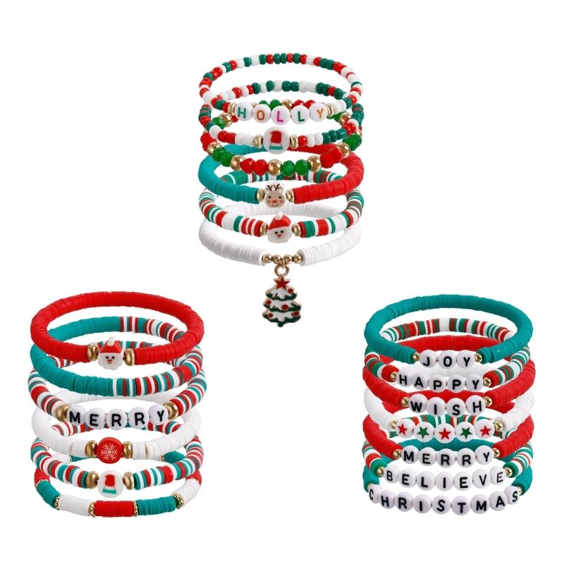 Christmas Beaded Bangle Festive Bohemian Colorful Bracelets 6/7Pcs Soft Clay Elastic Beaded Hand Chains Jewelry for Girl