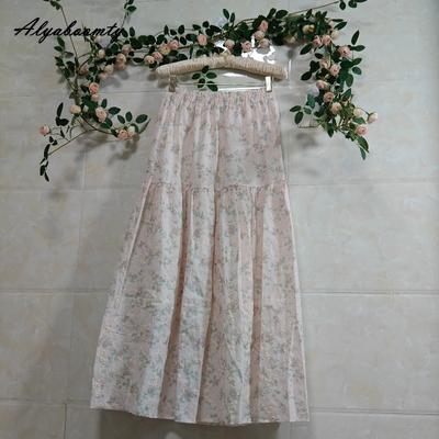 Falda Rosa Mori Girl Japonesa Primavera Verano Mujer Cintura Elástica Bordado Floral Falda Dulce Vintage Delicada Faldas de Algodón para Mujer