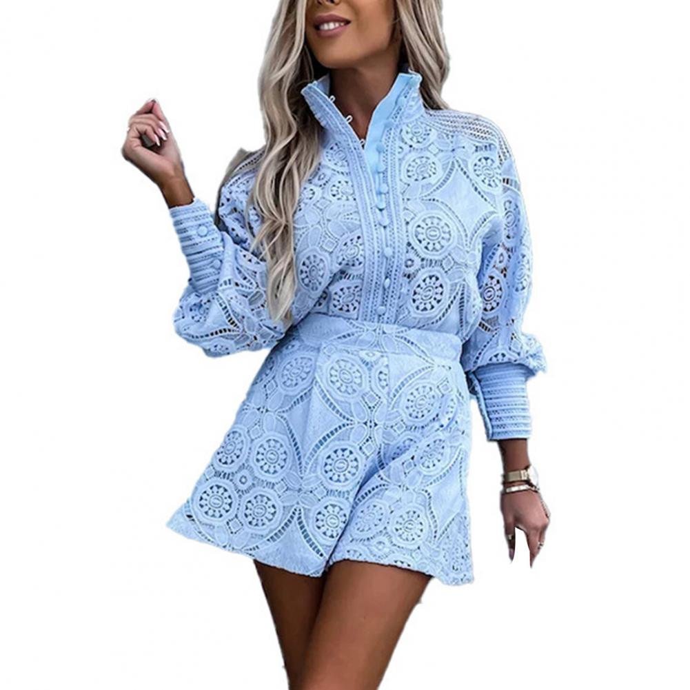 Summer Solid Color Casual  2Pcs/Set Women Outfit Blouse Long Sleeve Single Breasted High Waist Embroidery Hollow Lace Shirt Wide Leg Women Shorts Set