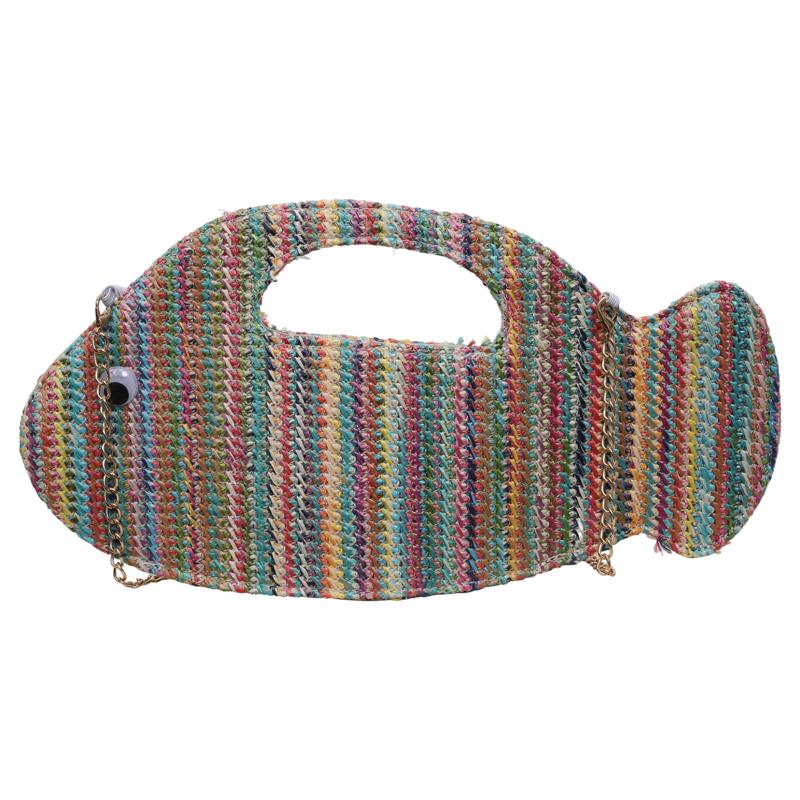 Cute Fish Shape Straw Clutch Bag for Women Handheld Woven Summer Beach Purse with Chain Strap Multicolor Hollow Weave Vacation Party Mini Handbag