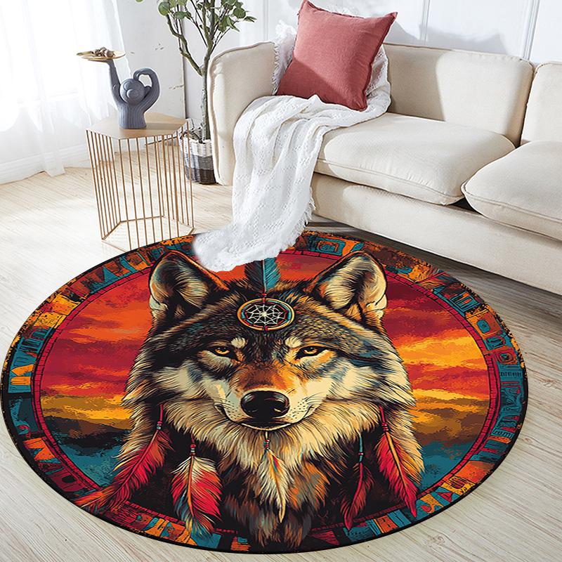 Wolfsgeist Runder Teppich, Teppich für Wohnzimmer Schlafzimmer Sofa Spielzimmer Dekor, Rutschfeste Bodenmatte
