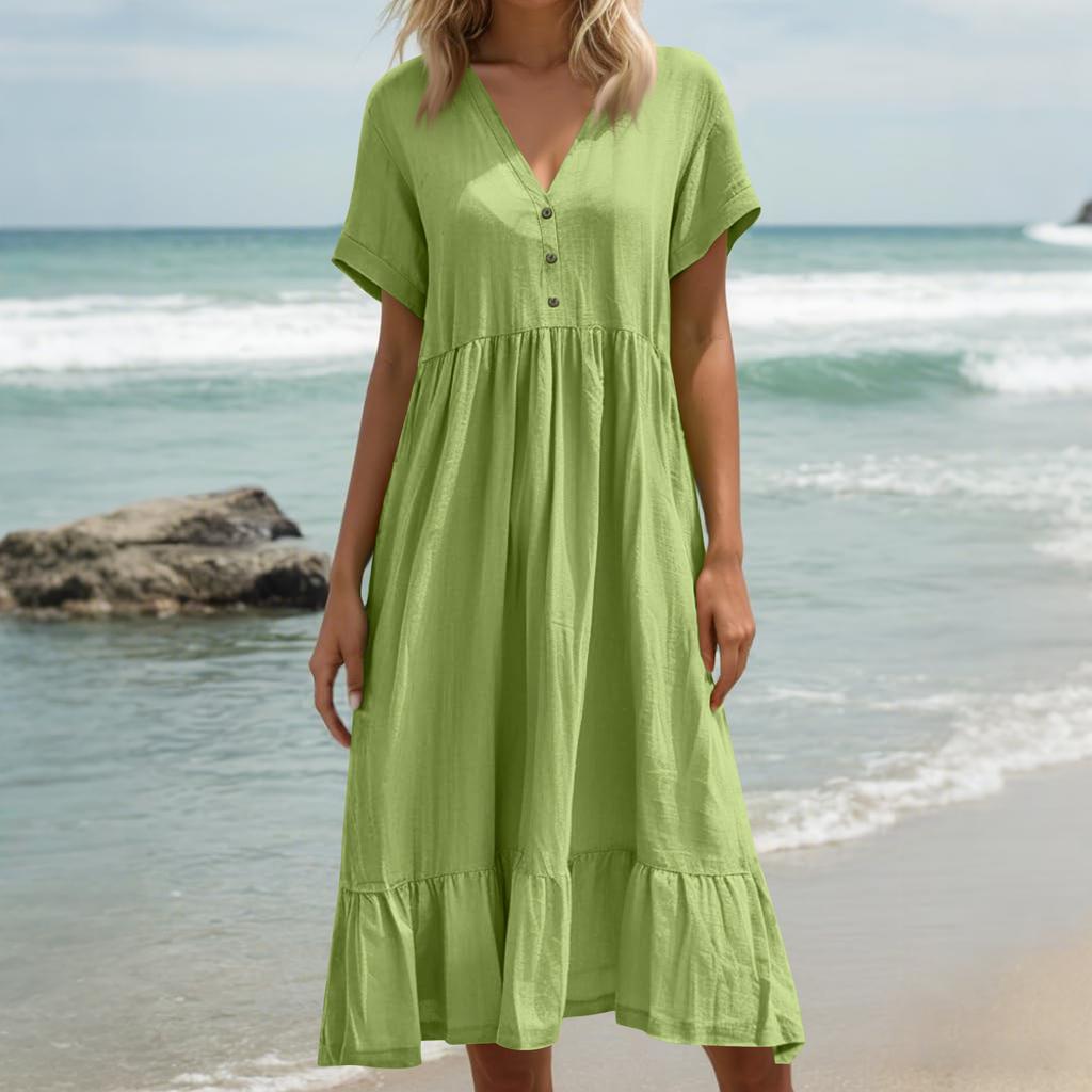 Women's Summer Loose V Neck Short Sleeve Dress, Elegant Dress