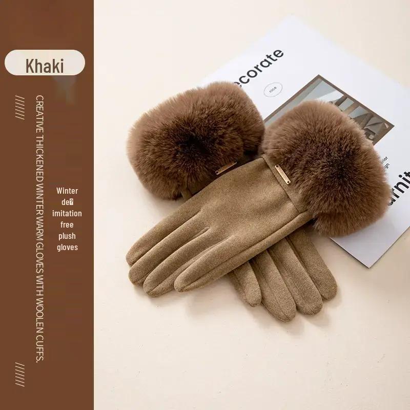 Damen Samt Kunstkaninchenfell Touchscreen Fahrradhandschuhe - Winddicht, Warm, Fleecegefüttert für Herbst & Winter