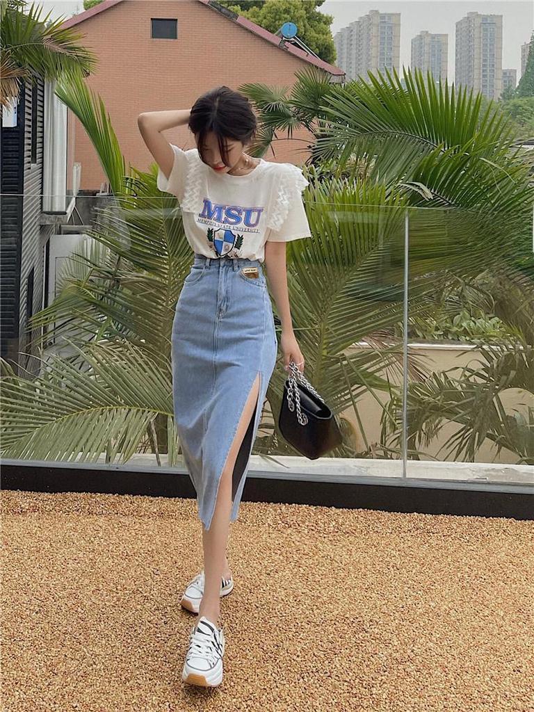 2021 Women's High Waist Slim Fit Denim Midi Skirt with Side Slit