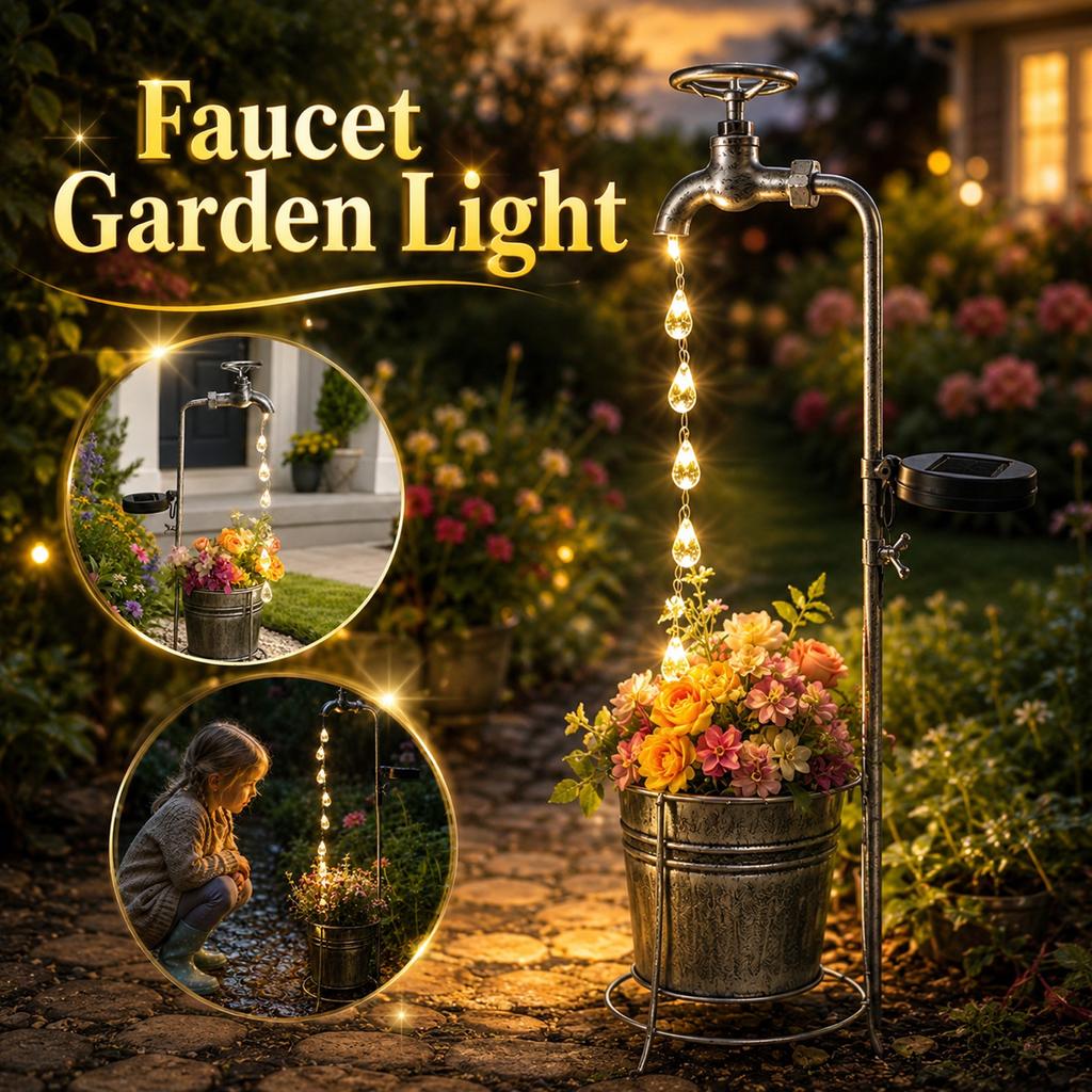 Solar Powered Outdoor Garden Water Faucet Decorative Fountain with Water Flow Effect for Lawn Patio Yard Plant Pot Watering