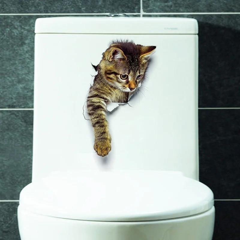 Cats 3D Wall Sticker Toilet Stickers Hole View Vivid Dogs Bathroom For Home Decoration Animals Vinyl Decals Art Wallpaper Poster