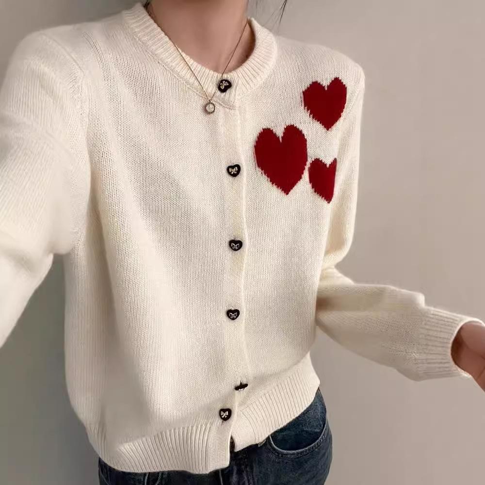 "2024 Spring/Autumn Women's Korean Loose Knit Cardigan, Love Embroidery, Round Neck, Button-Up, Cozy Style"