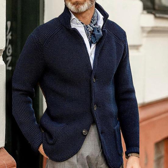 Stand Collar Long Sleeve Pockets Thickened Sweater Coat Men Autumn Winter Solid Color Buttons Placket Knitted Outerwear