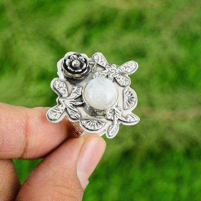 Regalo per Lei Anello Regolabile in Argento 925 con Pietra di Luna Arcobaleno Naturale Fiore della Promessa