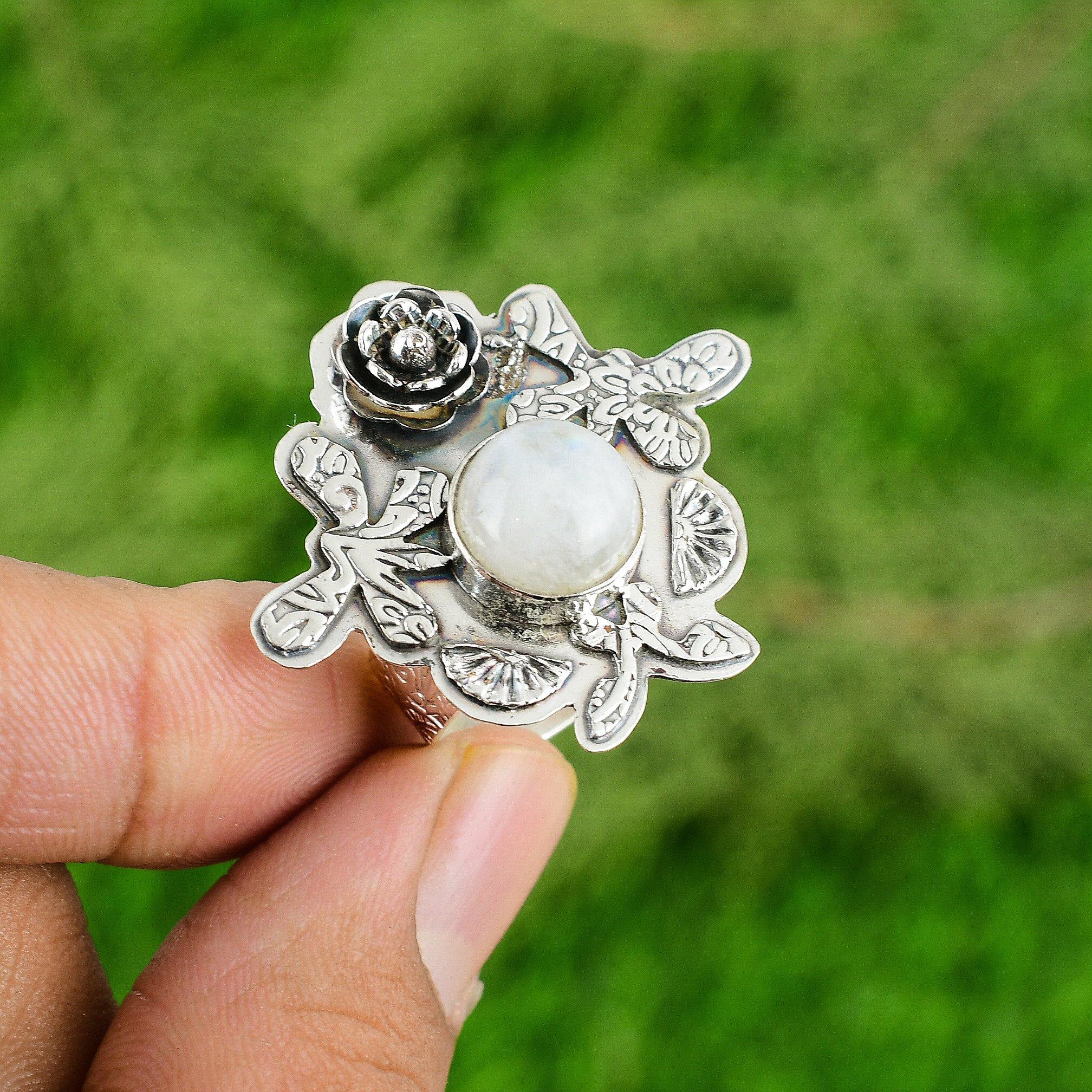 

Подарок для нее Кольцо-обещание из серебра 925 пробы с натуральным радужным лунным камнем в виде цветка, регулируемое Adjustable