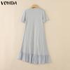 VONDA Women Round Neck Short Sleeve Irregular Ruffled Patchwork Casual Dress