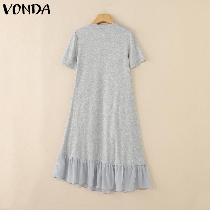 VONDA Women Round Neck Short Sleeve Irregular Ruffled Patchwork Casual Dress