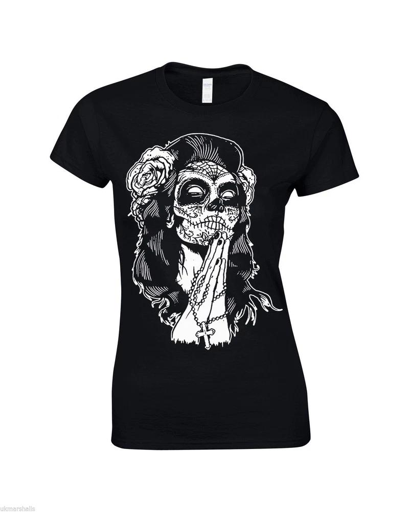 Mexican Skull Ladies Cap Sleeve Top Tattoo Rock Goth Sugar Skull Ladies Tshirt S