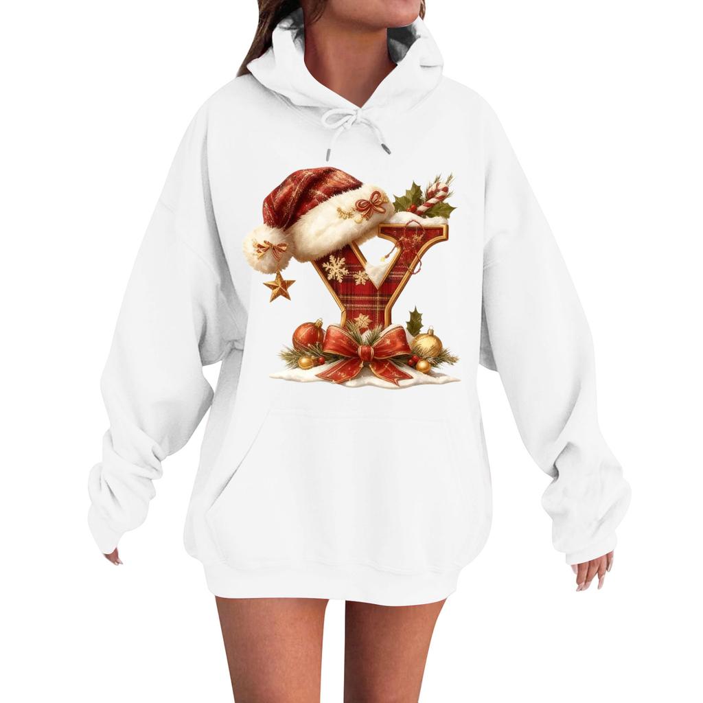 Women's Casual Comfortable Long-Sleeved Christmas Letter-Printed Warm Hooded Crew-Neck Sweatshirt