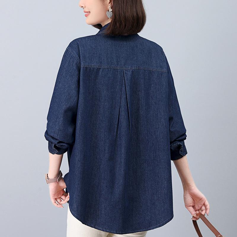 Women's European Style Denim Shirt Jacket, Spring/Autumn 2024, Plus Size, Loose Fit, Mid-Aged Mom Top.