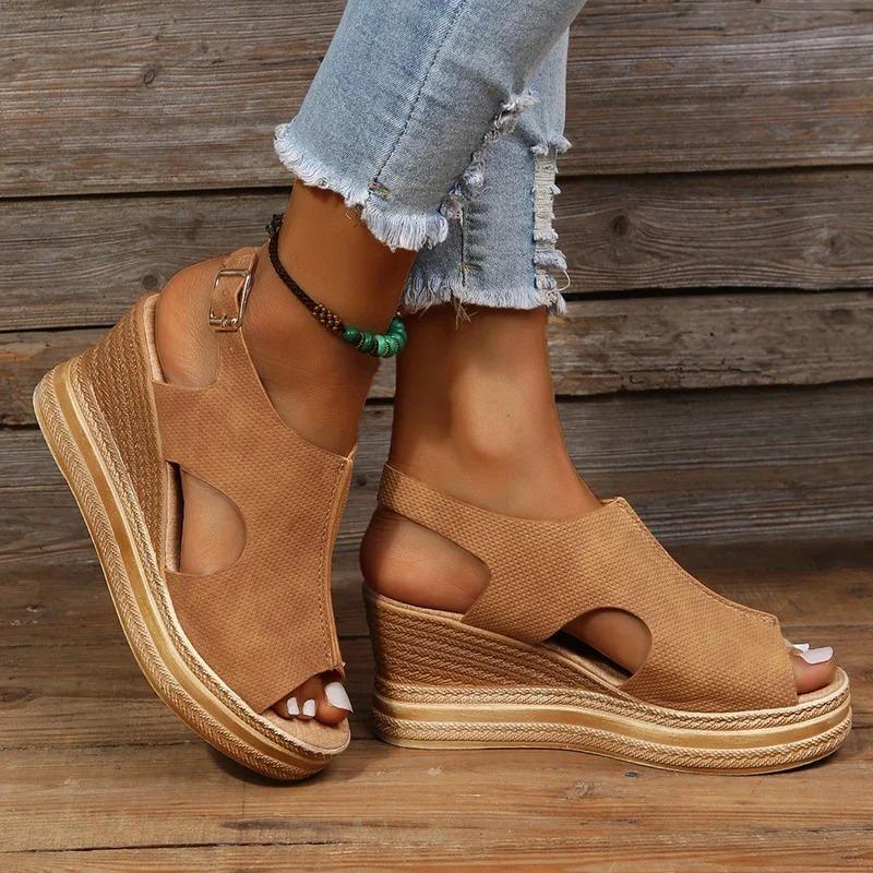 Fashion Summer Plus Size Wedge High Heels Sandals Women 2024 Peep Toe Platfrom Sandals Woman Buckle Strap Non Slip Beach Sandles Mujer