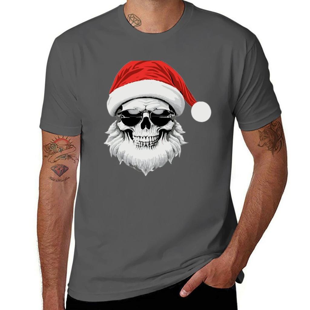Skull Santa Clause Wearing Sunglasses TShirt Casual Loose Fit Short Sleeve TShirt