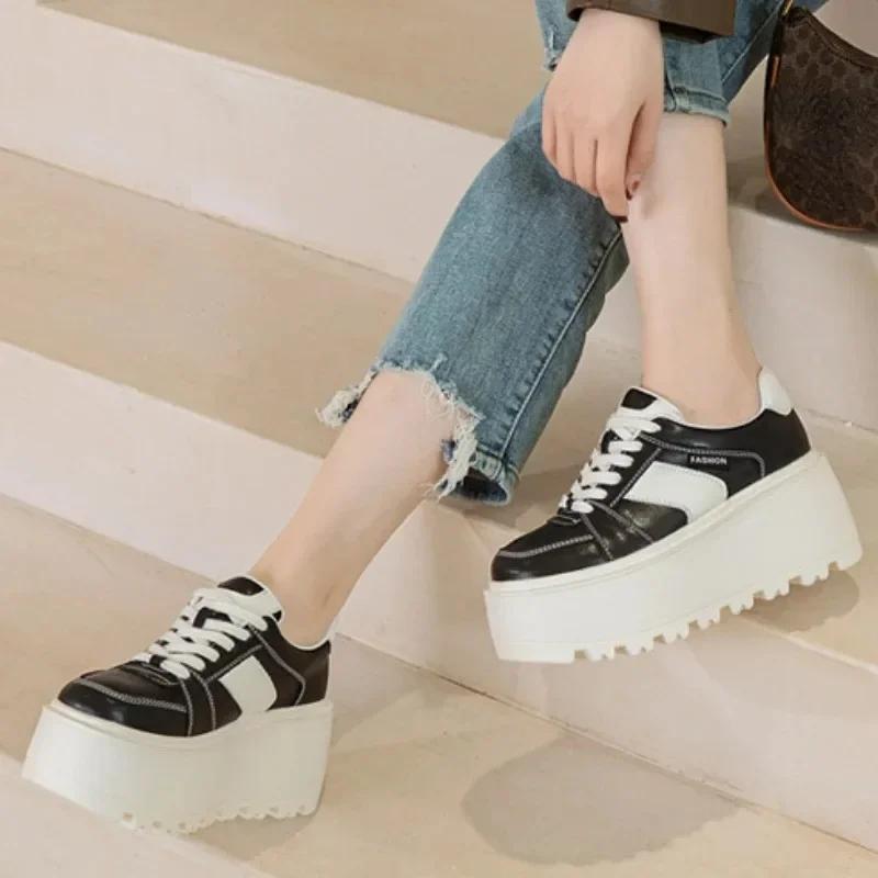 

8 см натуральная кожа женская модная женская осенняя обувь повседневная весенняя обувь для скейтбординга массивные кроссовки на платформе танкетке 33 чёрный