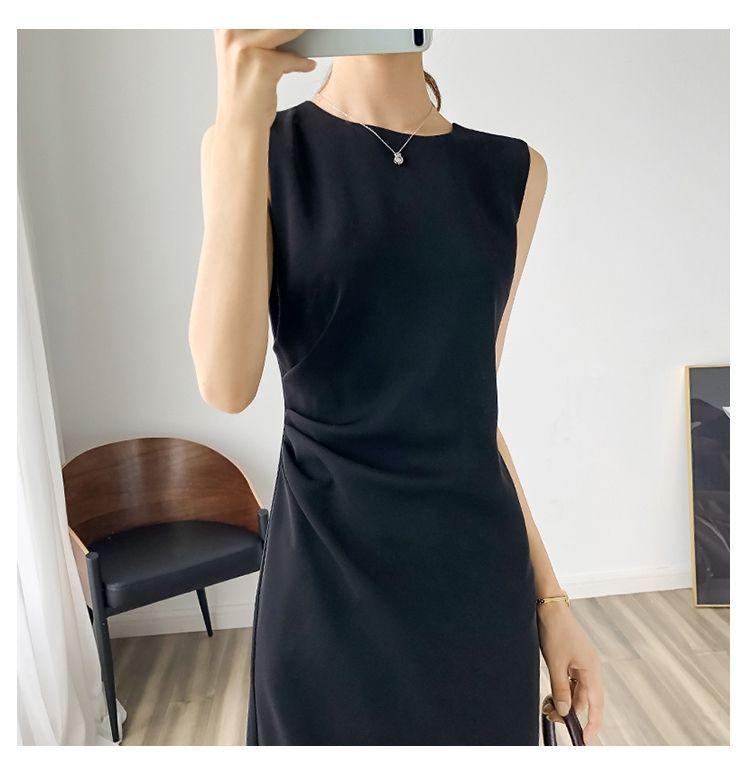 Abito Estivo da Donna Senza Maniche con Pieghe - Scollo Rotondo, Lunghezza Media, Vestibilità Slim, Elegante Stile OL