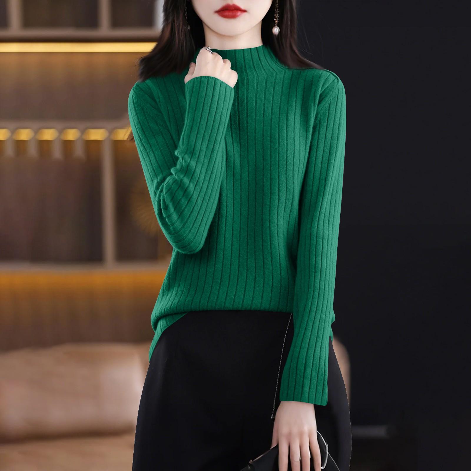 Женская мода с длинным рукавом однотонный пуловер водолазка базовый свитер топ L зелёный