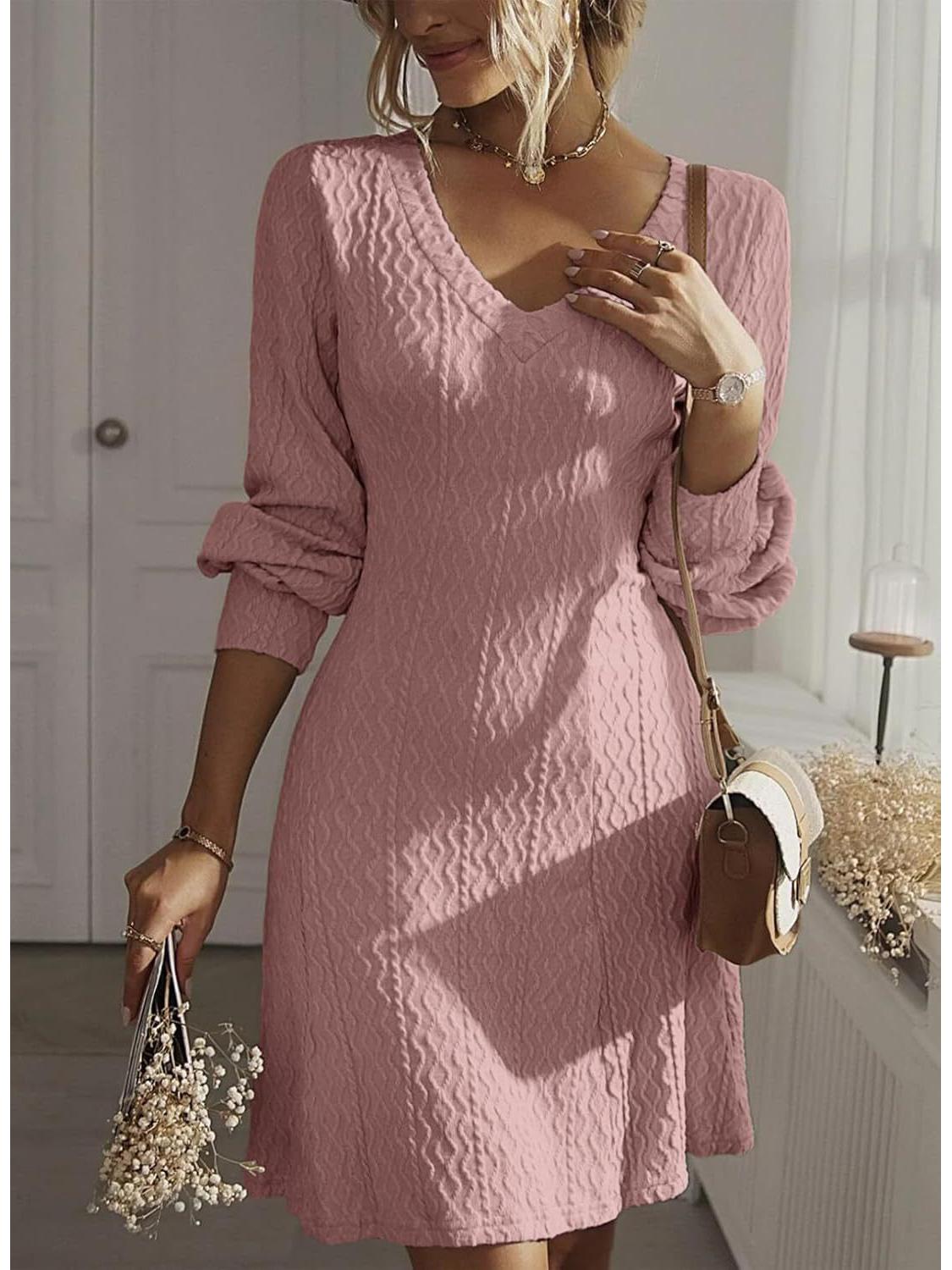 

Елегантна сукня з текстурою однотонного кольору з довгим рукавом осінь 2024 Large рожевий