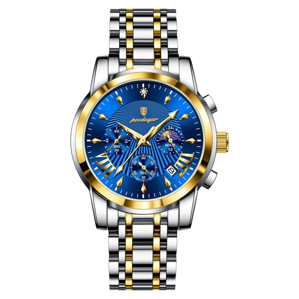 Swiss Mens Watch With Luminous Dial Moon Phase Chronograph For Sports And Casual Wear