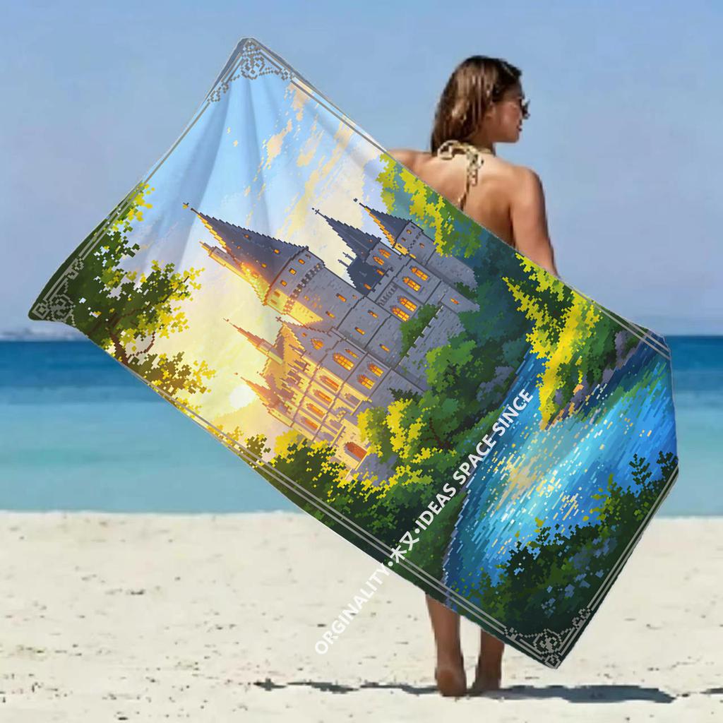 Pixel Art Fairy Castle Beach Towel Patterned Sunscreen And Windproof Suitable For Swimming Pool Camping Travel Blanket