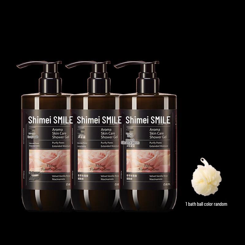 Shimei Long-lasting Moisturizing Fragrant Body Wash, 3 X 720ml with Shower Puff