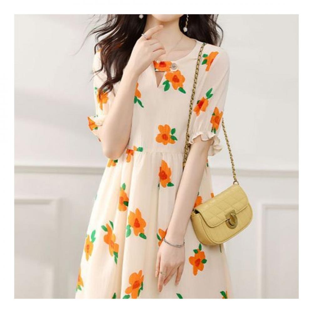 Navava Women Flower Printing Shirring Short Sleeve Dress No372