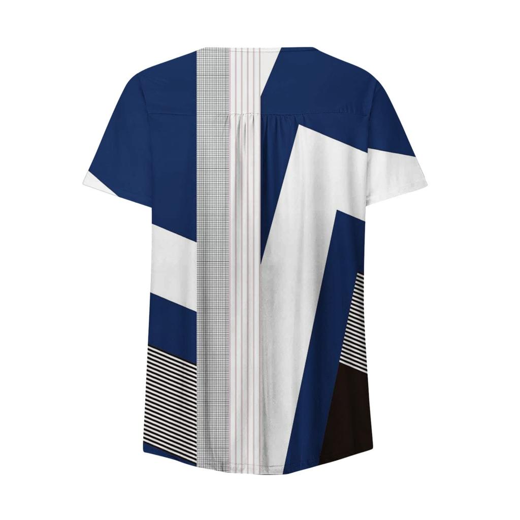 Women's V-Neck Color Block Patchwork Printed Button Flower Short Sleeve T-shirt Top